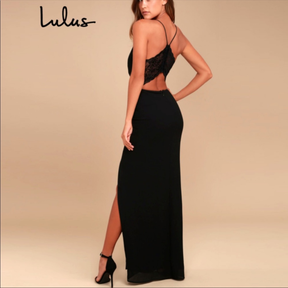 Lulu’s | Lace Maxi Dress Open Back Slit Black Small Story Of A Starry Night